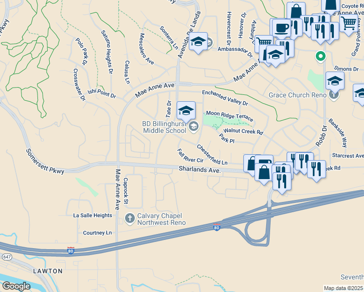 map of restaurants, bars, coffee shops, grocery stores, and more near 6575 Fall River Circle in Reno