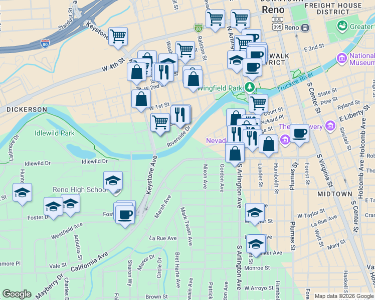 map of restaurants, bars, coffee shops, grocery stores, and more near 631 California Avenue in Reno