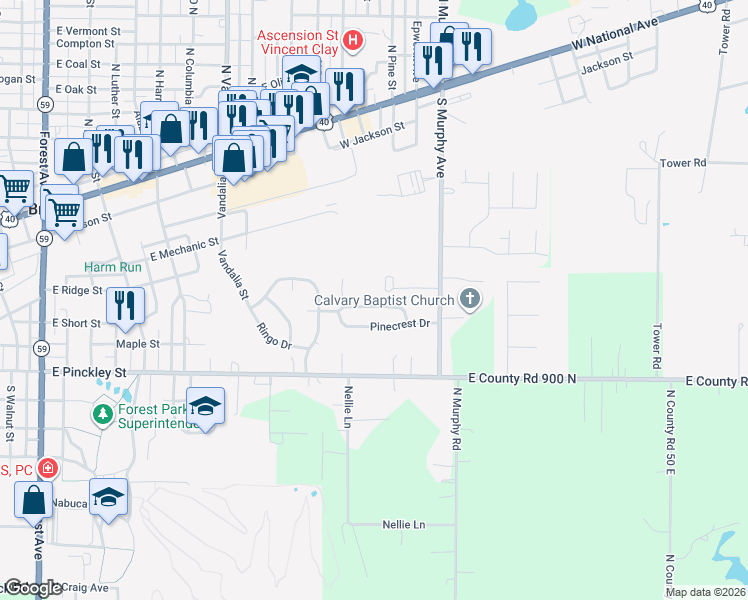 map of restaurants, bars, coffee shops, grocery stores, and more near 1310 Willow Drive in Brazil