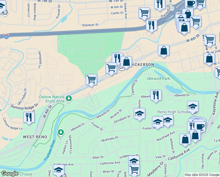 map of restaurants, bars, coffee shops, grocery stores, and more near 2300 Dickerson Road in Reno