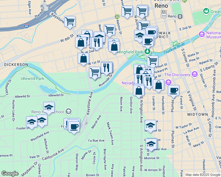 map of restaurants, bars, coffee shops, grocery stores, and more near 631 California Avenue in Reno