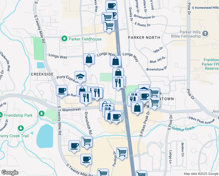 map of restaurants, bars, coffee shops, grocery stores, and more near 10315 South Progress Way in Parker