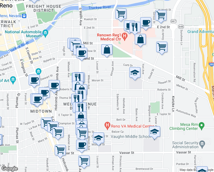 map of restaurants, bars, coffee shops, grocery stores, and more near 749 Roberts Street in Reno