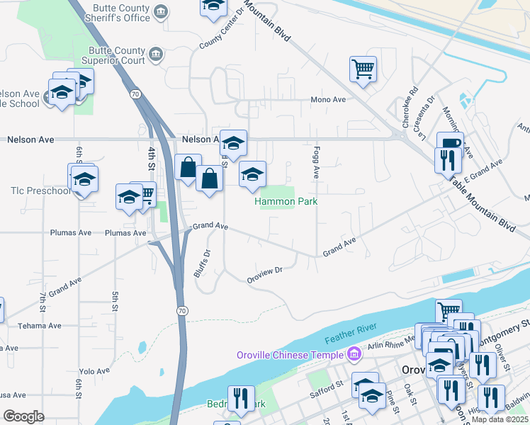 map of restaurants, bars, coffee shops, grocery stores, and more near 24 Dawn Court in Oroville