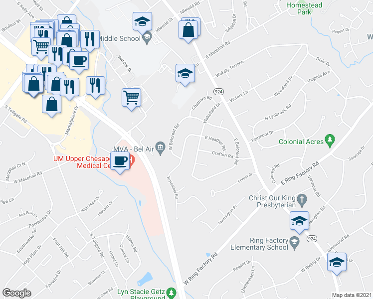 map of restaurants, bars, coffee shops, grocery stores, and more near 109 West Heather Road in Bel Air