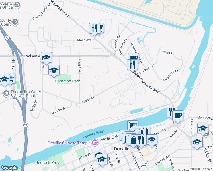 map of restaurants, bars, coffee shops, grocery stores, and more near 44 Grand Avenue in Oroville