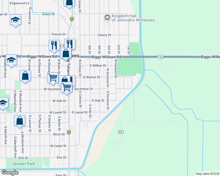 map of restaurants, bars, coffee shops, grocery stores, and more near 556 East Sycamore Street in Willows