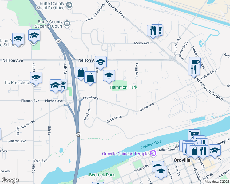 map of restaurants, bars, coffee shops, grocery stores, and more near 24 Dawn Court in Oroville