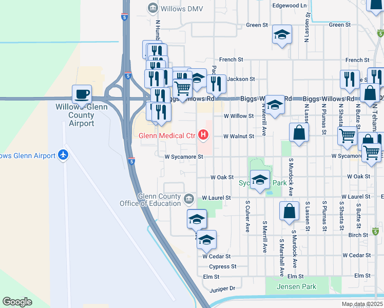 map of restaurants, bars, coffee shops, grocery stores, and more near 103 North Villa Avenue in Willows