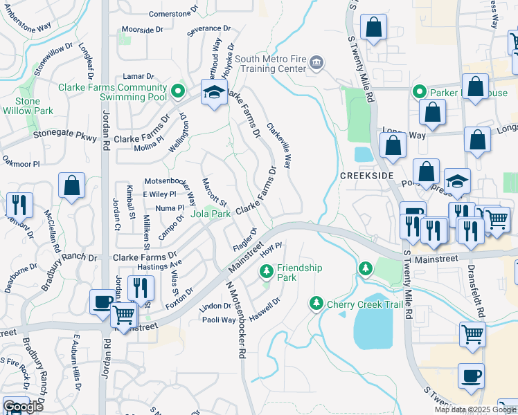 map of restaurants, bars, coffee shops, grocery stores, and more near 10901 Baxter Drive in Parker