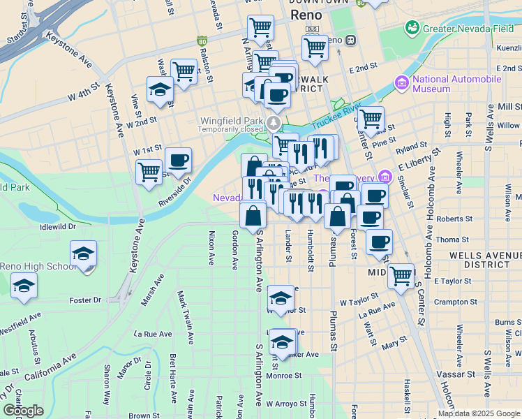 map of restaurants, bars, coffee shops, grocery stores, and more near 341 South Arlington Avenue in Reno