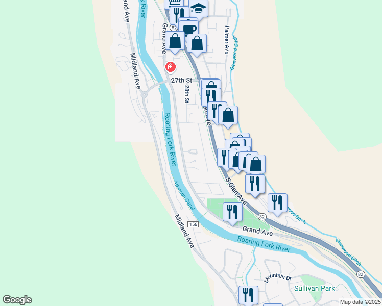 map of restaurants, bars, coffee shops, grocery stores, and more near 3030 Grand Avenue in Glenwood Springs