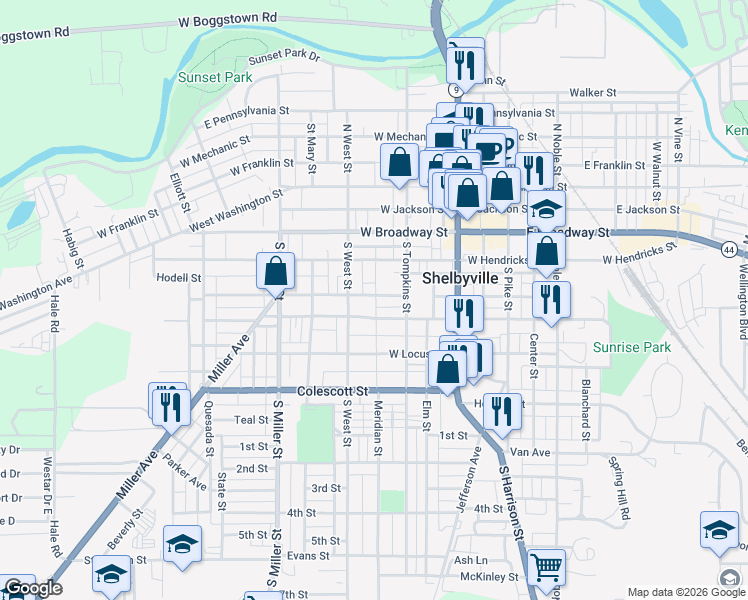 map of restaurants, bars, coffee shops, grocery stores, and more near 237 West Taylor Street in Shelbyville