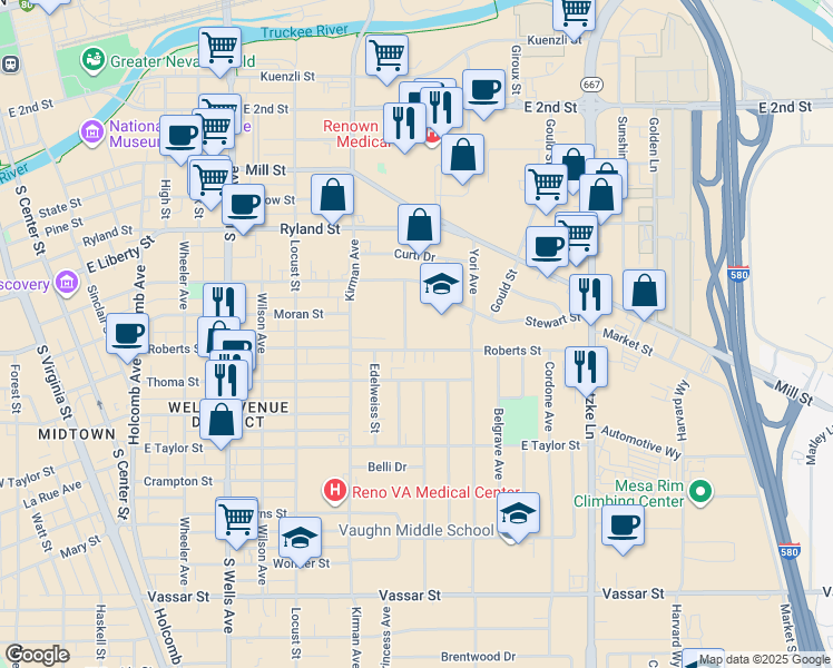 map of restaurants, bars, coffee shops, grocery stores, and more near 570 Ballentyne Way in Reno
