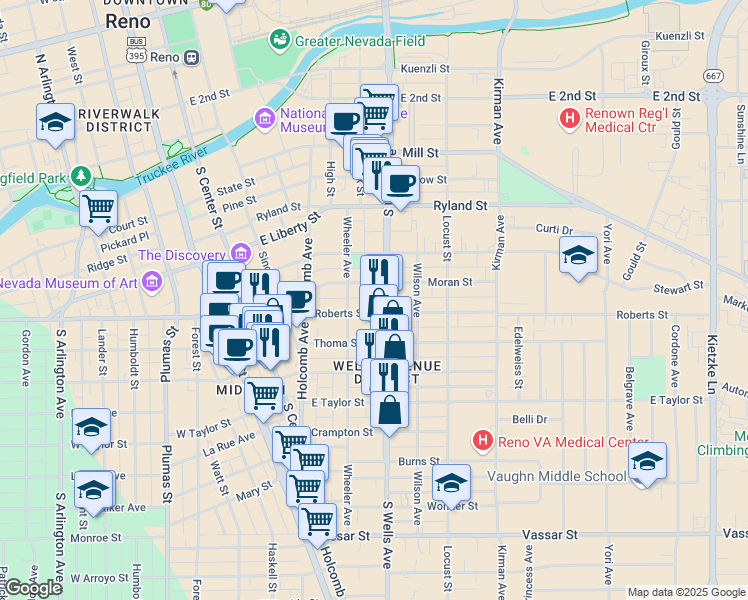 map of restaurants, bars, coffee shops, grocery stores, and more near 451 Roberts Street in Reno