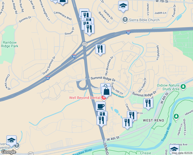 map of restaurants, bars, coffee shops, grocery stores, and more near in Reno