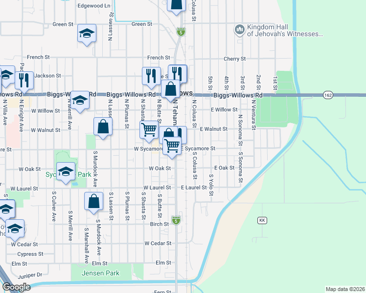map of restaurants, bars, coffee shops, grocery stores, and more near 125 East Sycamore Street in Willows