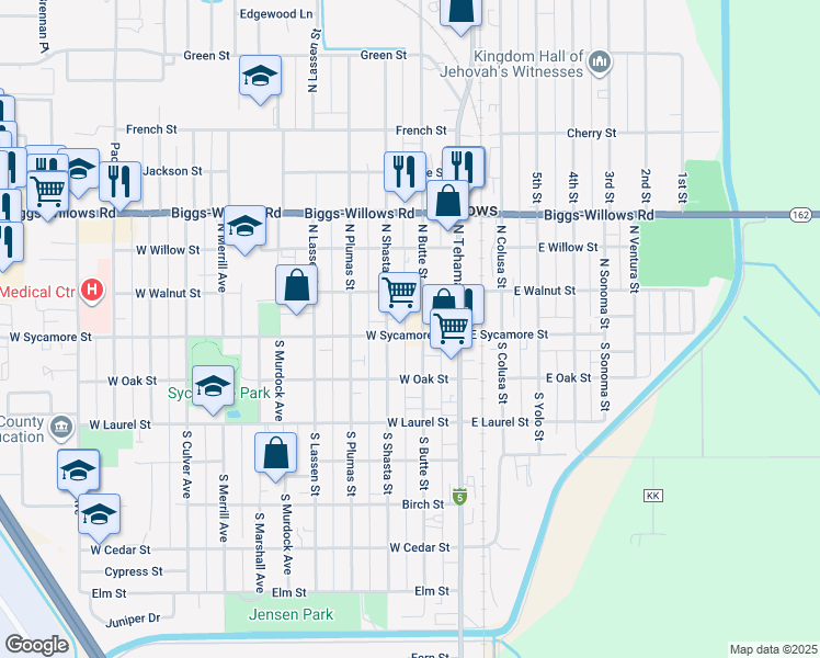 map of restaurants, bars, coffee shops, grocery stores, and more near 218 West Sycamore Street in Willows