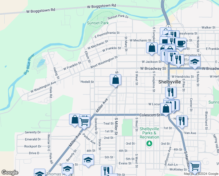 map of restaurants, bars, coffee shops, grocery stores, and more near 412 Miller Avenue in Shelbyville