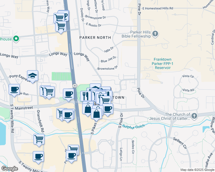 map of restaurants, bars, coffee shops, grocery stores, and more near 19716 Crestwood Court in Parker