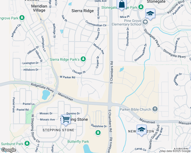 map of restaurants, bars, coffee shops, grocery stores, and more near 15119 Munich Avenue in Parker
