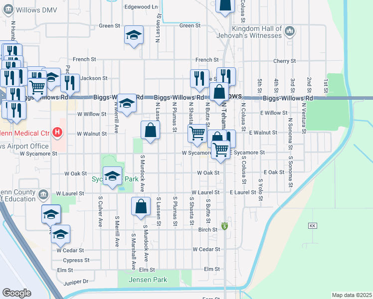 map of restaurants, bars, coffee shops, grocery stores, and more near 332/334 West Sycamore Street in Willows