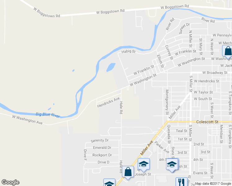 map of restaurants, bars, coffee shops, grocery stores, and more near 1017 West Washington Avenue in Shelbyville