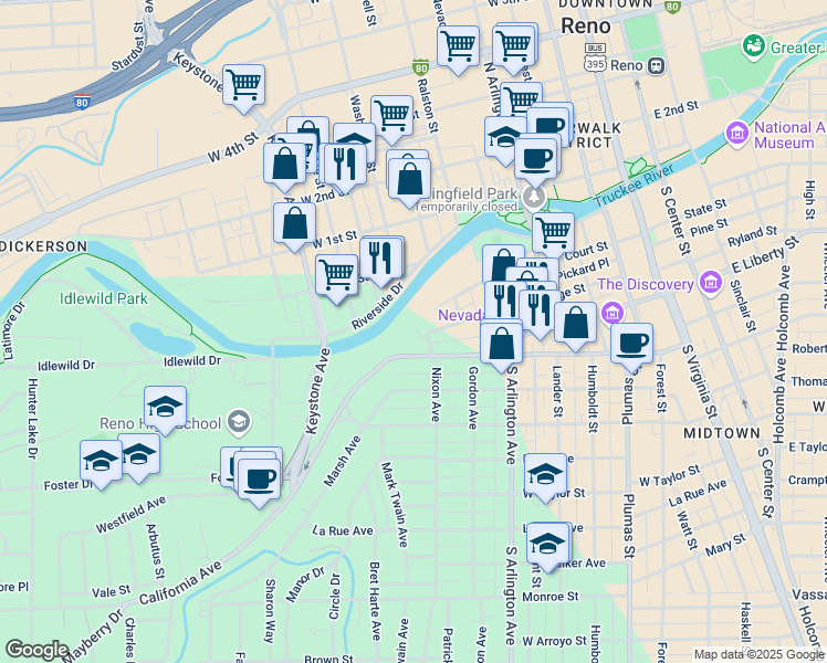 map of restaurants, bars, coffee shops, grocery stores, and more near 631 California Avenue in Reno