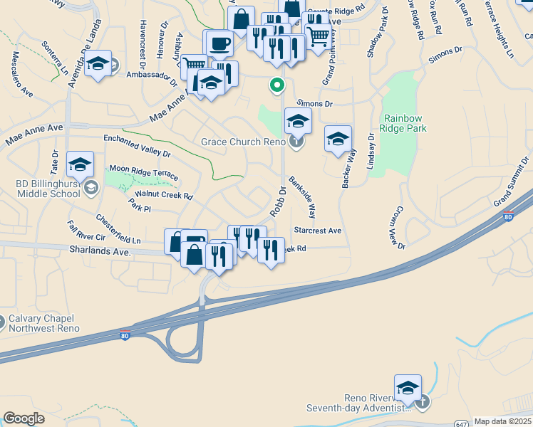 map of restaurants, bars, coffee shops, grocery stores, and more near 1117 Big Springs Road in Reno