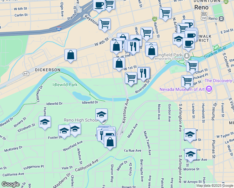 map of restaurants, bars, coffee shops, grocery stores, and more near 1075 Riverside Drive in Reno