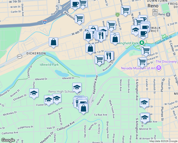 map of restaurants, bars, coffee shops, grocery stores, and more near 1075 Riverside Drive in Reno