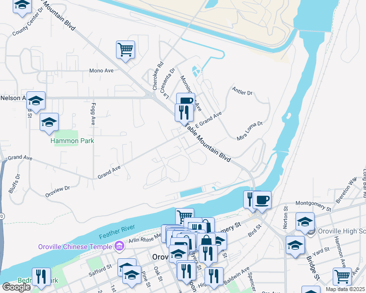 map of restaurants, bars, coffee shops, grocery stores, and more near Rio Vista Drive in Oroville