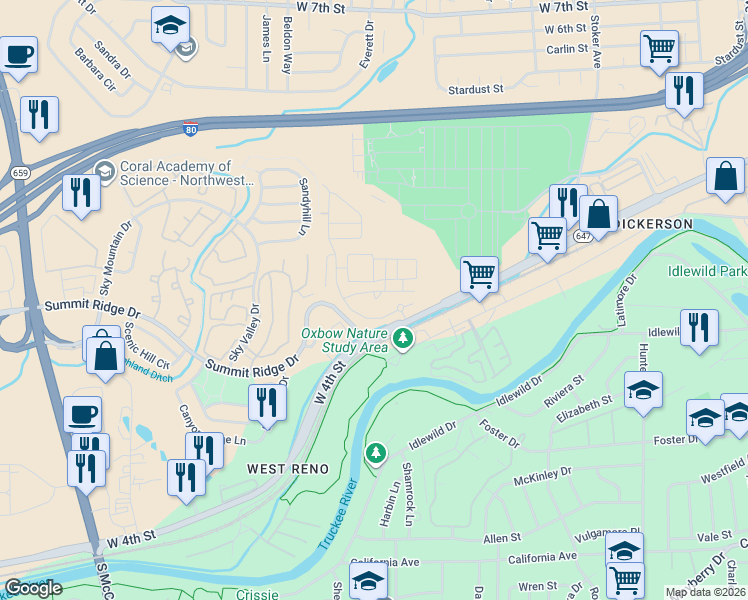 map of restaurants, bars, coffee shops, grocery stores, and more near 2685-2999 W 4th St in Reno