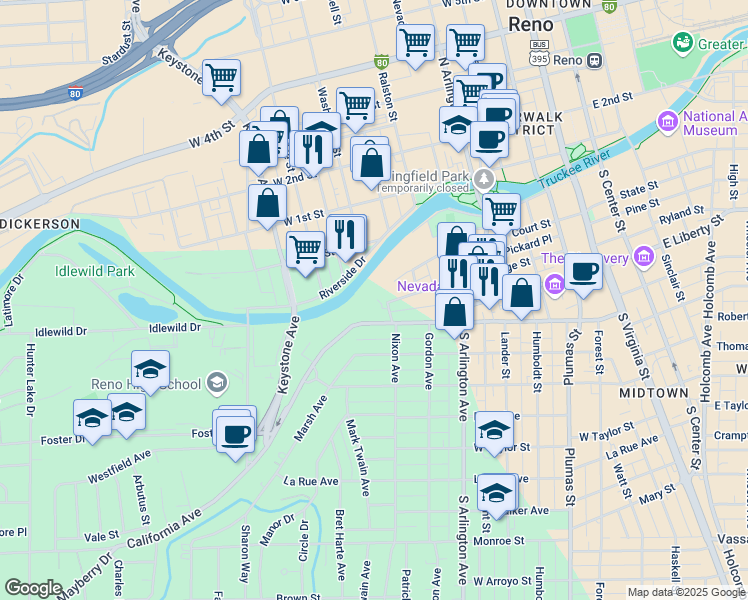map of restaurants, bars, coffee shops, grocery stores, and more near 631 California Avenue in Reno