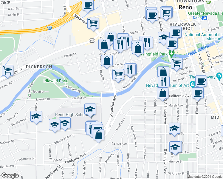 map of restaurants, bars, coffee shops, grocery stores, and more near 1009 Riverside Drive in Reno