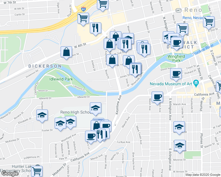 map of restaurants, bars, coffee shops, grocery stores, and more near 1075 Riverside Drive in Reno