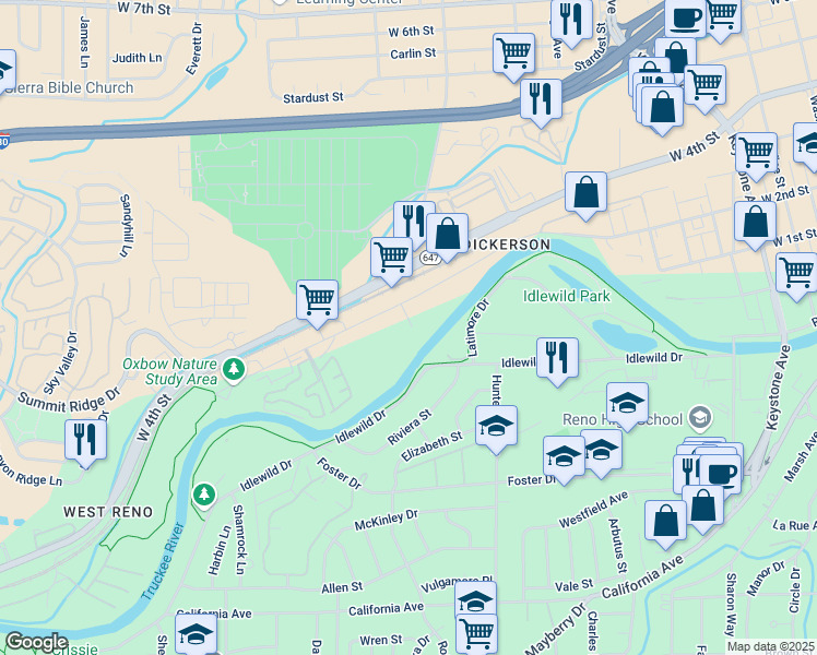 map of restaurants, bars, coffee shops, grocery stores, and more near 2300 Dickerson Road in Reno