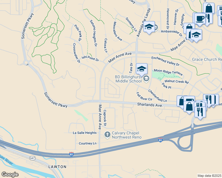 map of restaurants, bars, coffee shops, grocery stores, and more near 7000 Mae Anne Avenue in Reno