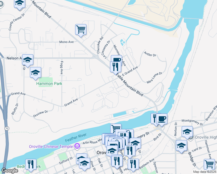 map of restaurants, bars, coffee shops, grocery stores, and more near 85 Tuscan Villa Drive in Oroville
