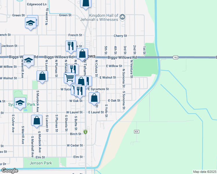 map of restaurants, bars, coffee shops, grocery stores, and more near 435 East Sycamore Street in Willows