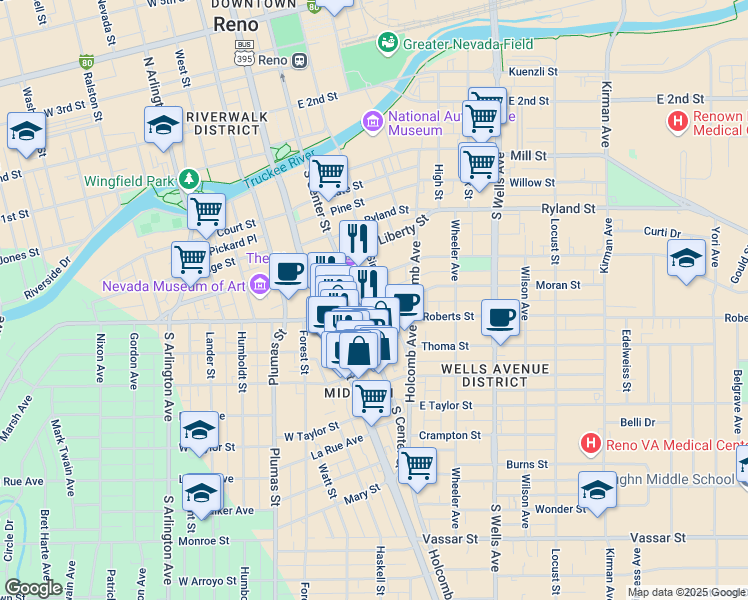 map of restaurants, bars, coffee shops, grocery stores, and more near 181 Moran Street in Reno
