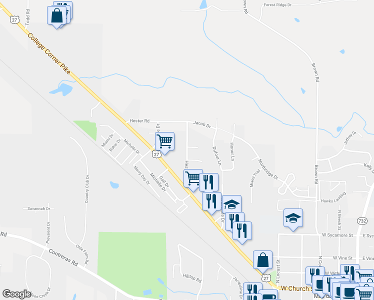 map of restaurants, bars, coffee shops, grocery stores, and more near 5231 Hester Road in Oxford