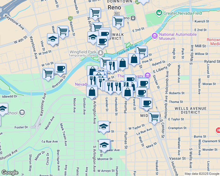 map of restaurants, bars, coffee shops, grocery stores, and more near 242 West Liberty Street in Reno