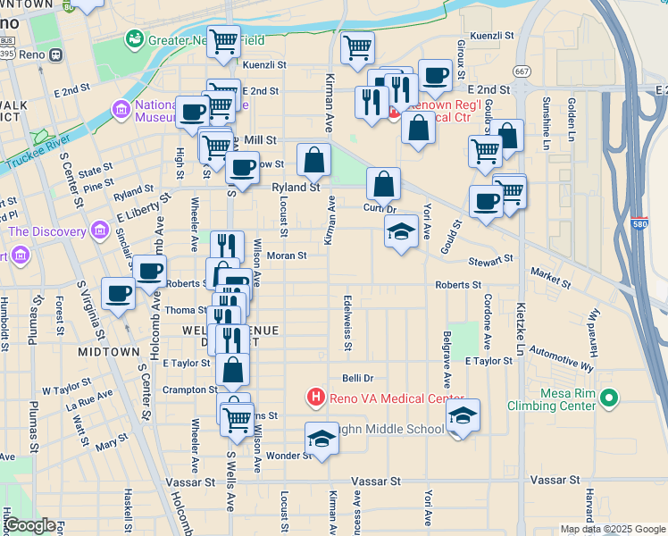 map of restaurants, bars, coffee shops, grocery stores, and more near 446 Kirman Avenue in Reno