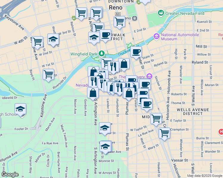 map of restaurants, bars, coffee shops, grocery stores, and more near 242 West Liberty Street in Reno