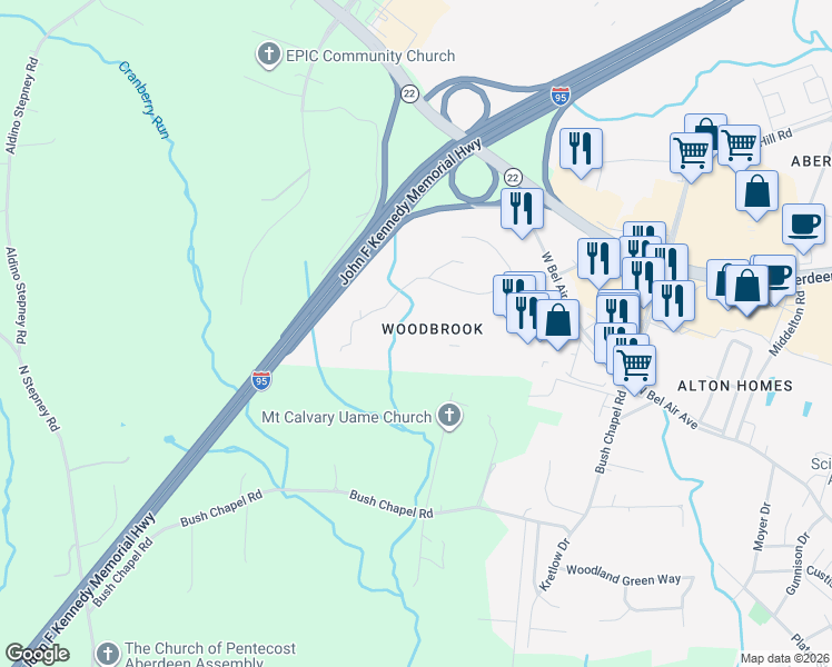 map of restaurants, bars, coffee shops, grocery stores, and more near 300 Stevens Circle in Aberdeen