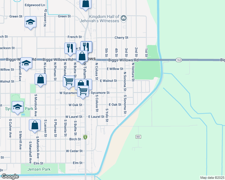 map of restaurants, bars, coffee shops, grocery stores, and more near 435 East Sycamore Street in Willows