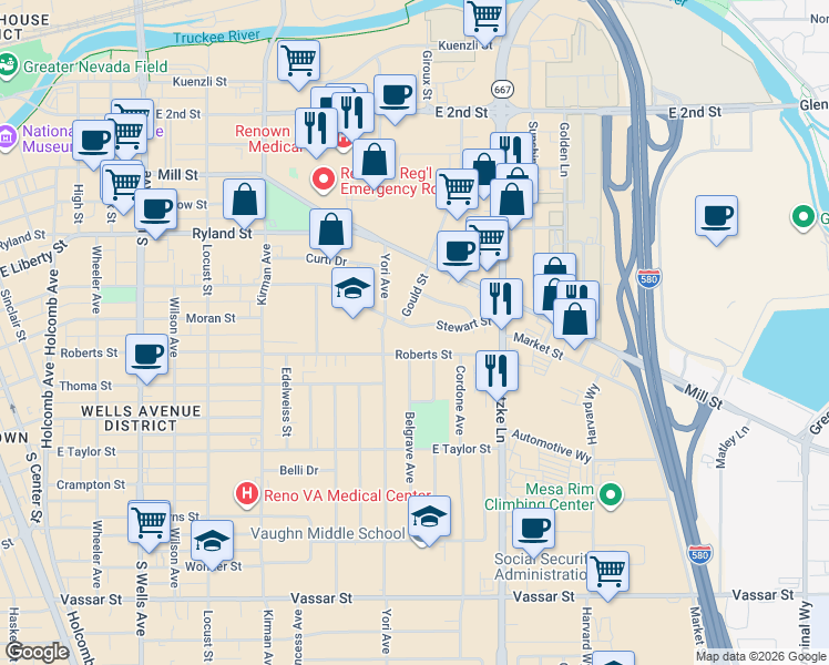 map of restaurants, bars, coffee shops, grocery stores, and more near 1295 Roberts Street in Reno