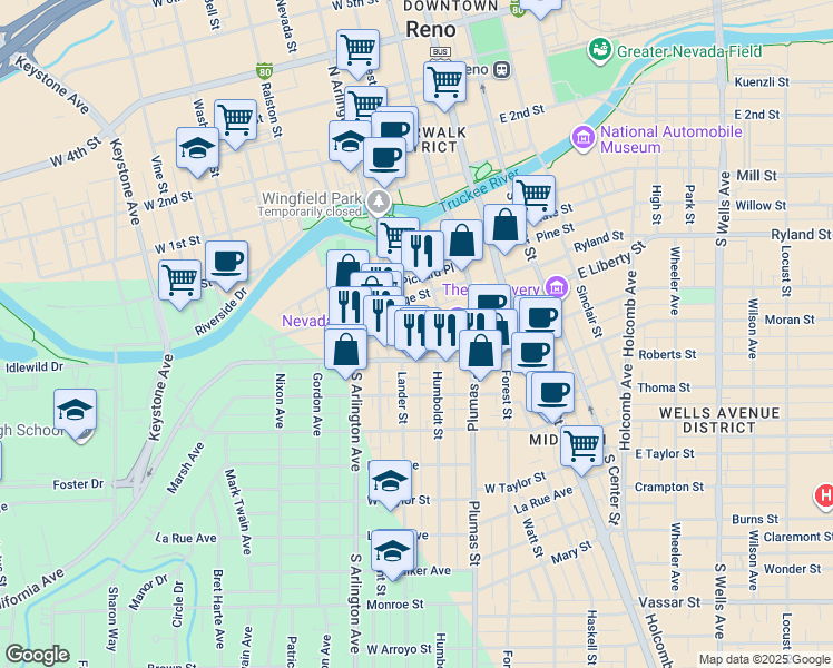 map of restaurants, bars, coffee shops, grocery stores, and more near 419 Flint Street in Reno