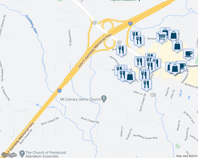 map of restaurants, bars, coffee shops, grocery stores, and more near 302 Stevens Circle in Aberdeen